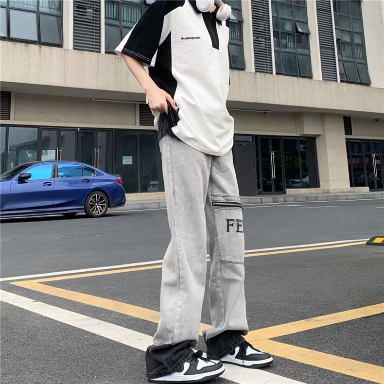 美式高街牛仔裤男韩版潮流做旧字母拉链2023秋夏ins长裤RK787-P60,男装牛仔裤,星座412-3