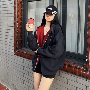 抖音得物二开美式高街重磅结构双层撞色连帽卫衣开衫外套W116图片