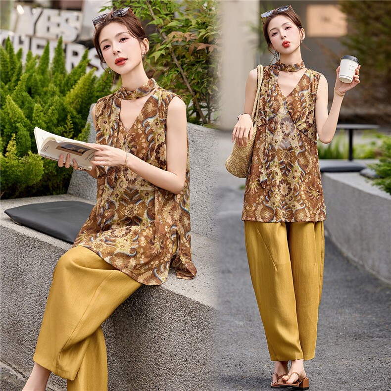 2026年夏季无袖气质透气显瘦洋气成人两件套时尚印花中性风女，女装套装/套裙，美沁