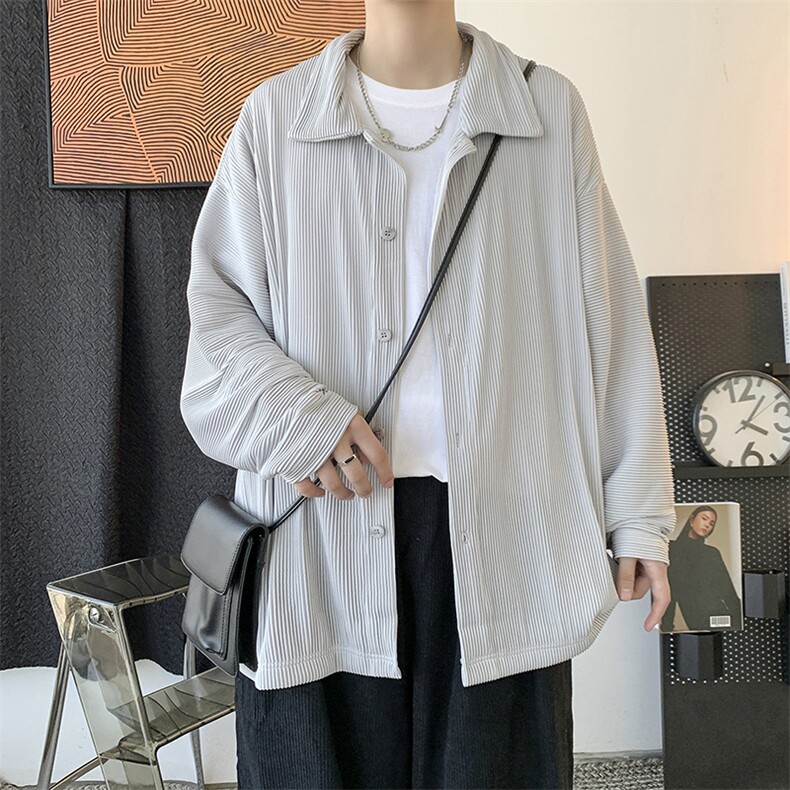 春夏中性港风褶皱纯色宽松长袖衬衫日系男女情侣外套潮H208/P55,男装衬衫,钱塘713