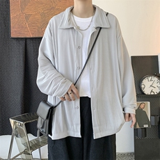 春夏中性港风褶皱纯色宽松长袖衬衫日系男女情侣外套潮H208/P55，男装衬衫，钱塘713