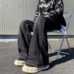 美式复古牛仔裤男女高街潮牌做旧水洗黑色渐变宽松直筒休闲长裤图片