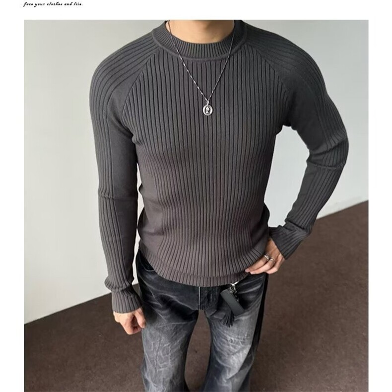 美式复古松弛感坑条圆领针织毛衣男弹力修身套头打底衫LS766-P47图片