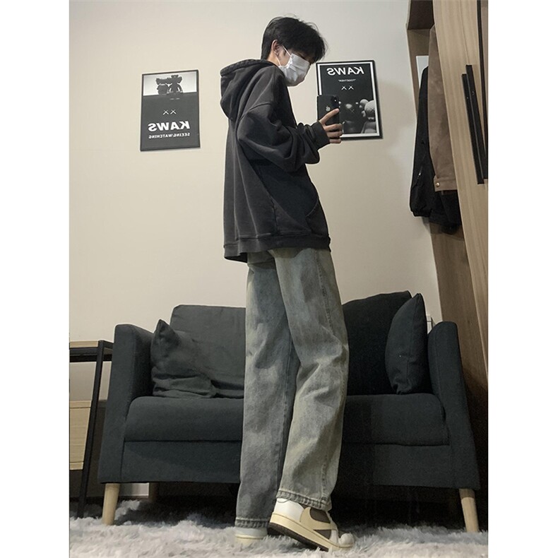 港风美式高街复古水洗抽绳磨白阔腿牛仔裤XZ213-NZBZ01-P60控78,男装牛仔裤,星座213