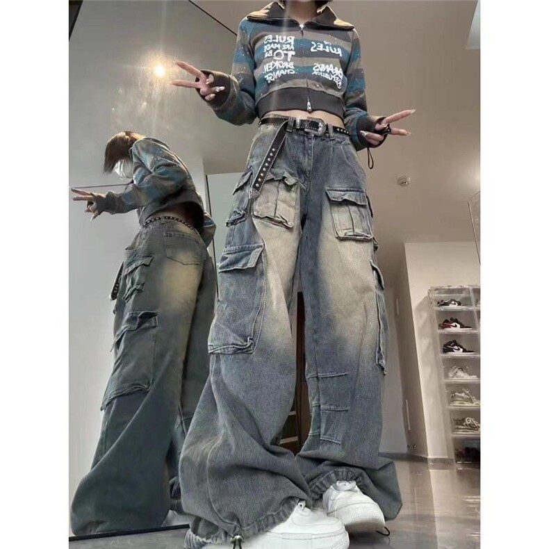 美式口袋工装时髦牛仔裤女2025春夏水洗做旧超酷百搭直筒长裤子，男装牛仔裤，星座506A
