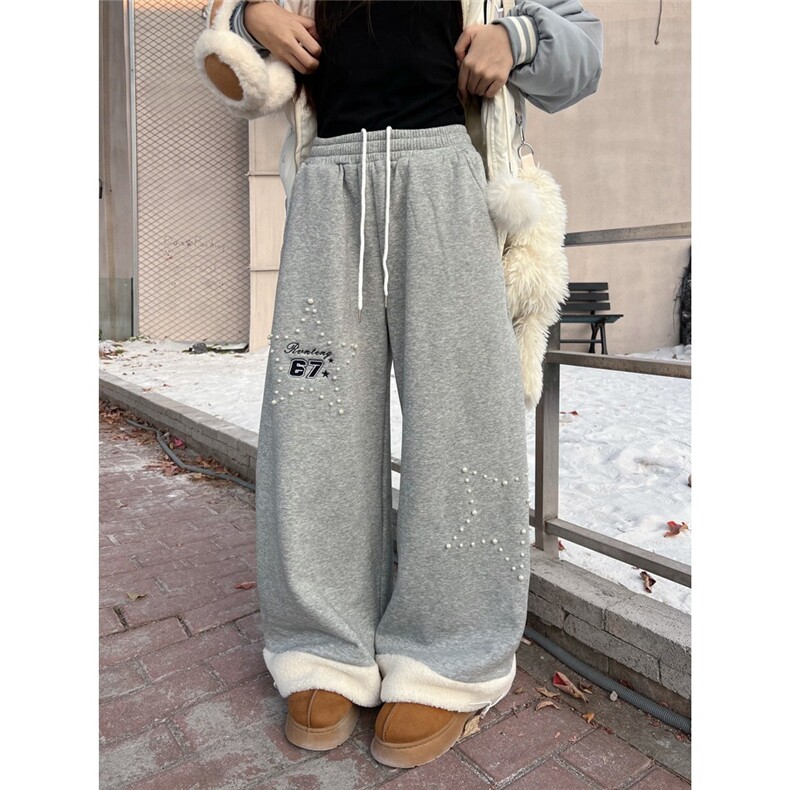 白一珂美式复古拼接钉珠弯刀卫裤女宽松保暖阔腿休闲长裤图片