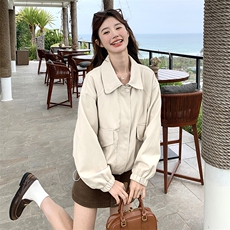 米白色甜酷休闲工装皮衣外套女2025早春新款韩系高级感PU夹克上衣，女装短外套，维壹