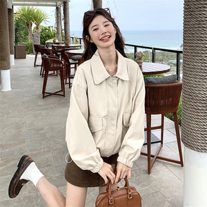 米白色甜酷休闲工装皮衣外套女2025早春新款韩系高级感PU夹克上衣图片