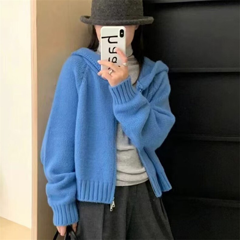春秋2025新款韩系英伦风毛衣外套高级感双拉链连帽针织开衫上衣,女装羊毛衫,萱芳婷羊绒