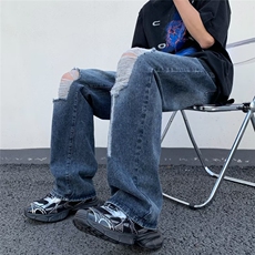 美式街头破洞牛仔裤男直筒宽松欧美高街vibe风长裤子N08034-P45，男装牛仔裤，星座308B-1