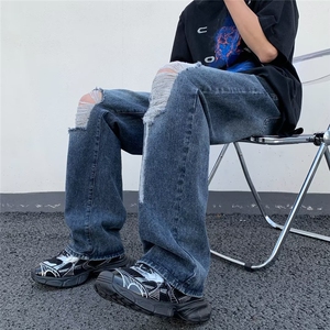 美式街头破洞牛仔裤男直筒宽松欧美高街vibe风长裤子N08034-P45图片