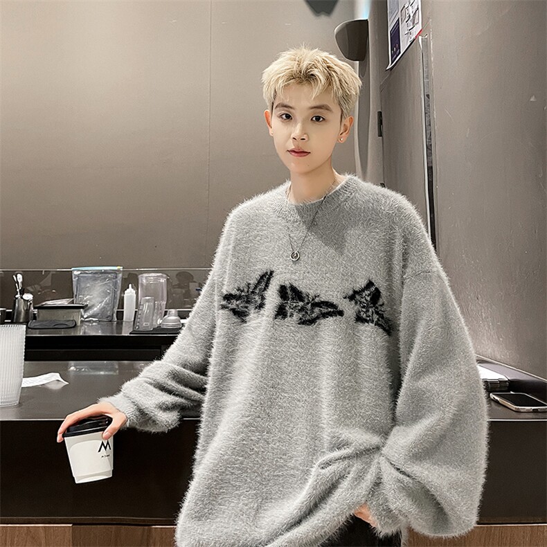 美式复古小众蝴蝶毛衣男秋冬季休闲宽松灰色仿貂毛针织衫外套,男装针织衫/毛衣,星座410-6（原星座1304-1）