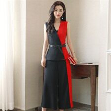 无袖V领拼接上衣+宽松阔腿裤时尚简约百搭2020年夏季套装/套裙，女装套装/套裙，贵人树