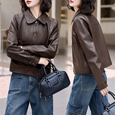 现货新款海宁皮衣女短款高级仿绵羊皮长袖时尚翻领夹克外套春秋，女装皮衣，跑量工厂店