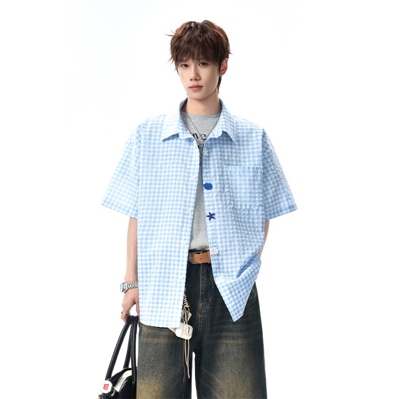 2026夏季新款格子纽扣潮流短袖衬衫男CD6401-特P32建议零售价78,男装T恤,电商A001