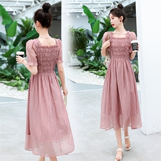 夏季小个子气质显瘦连衣裙2023新款女法式泡泡袖温柔风茶歇长裙子，女装连衣裙，时尚俏佳人