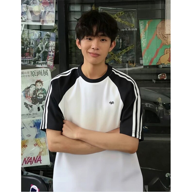 抖音得物品质二开240克宽松纯棉美式潮牌插肩三杠织带短袖T恤，男装T恤，电商A486-1