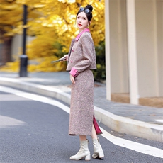 【新款现货】2024年冬季新款法式小香气质撞色双排扣两件套20毛，女装套装/套裙，奕薇雅