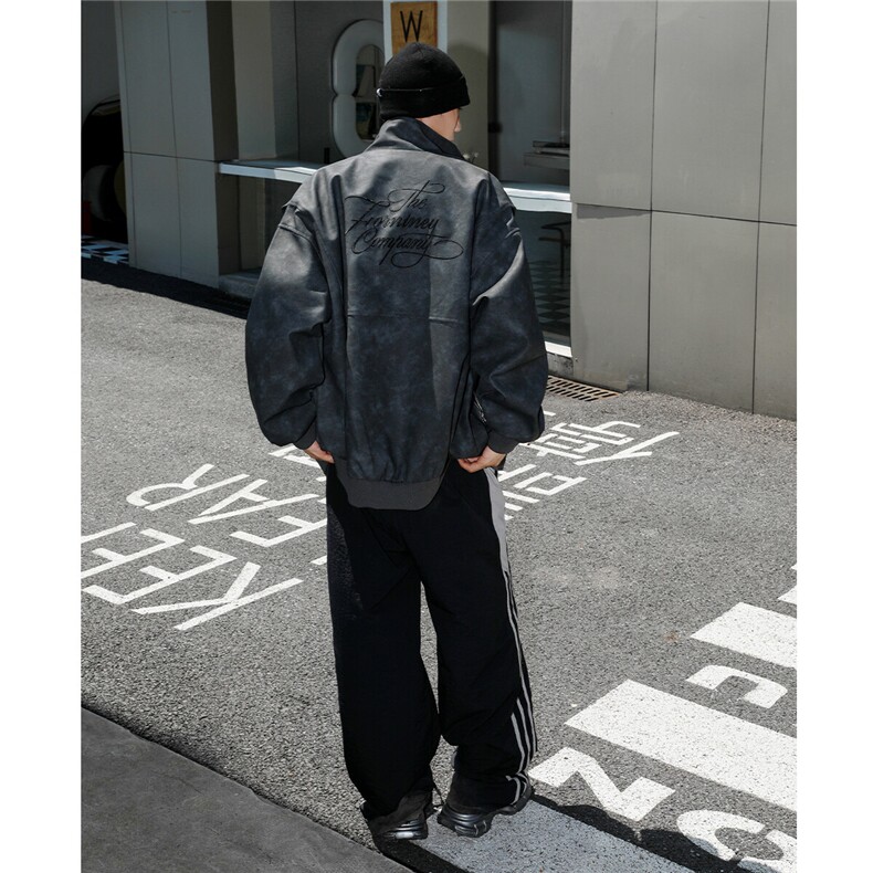 2025港风扎染面料字母刺绣皮衣男金属装饰夹克外套男JK77861P95控,男装夹克,星座227-7