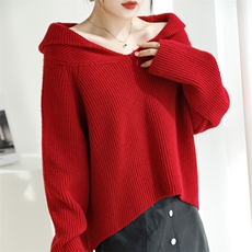设计感复古新款翻领套头针织衫女新年红亲肤宽松韩版针织毛衣秋冬，女装针织衫/毛衣，特麦惠羊绒