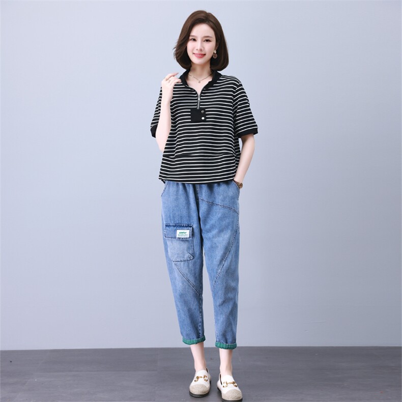 夏季T恤套装女2024年新款中年妈妈宽松时尚短袖休闲牛仔裤两件套,女装套装/套裙,叶笙衣