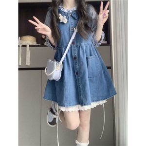 两件/套装学院风甜美可爱娃娃领牛仔背心连衣裙子女学生+格纹衬衫图片