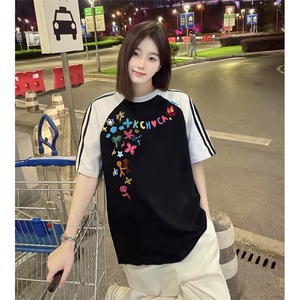 抖音得物品质二开240克宽松纯棉美式潮牌插肩三杠织带短袖T恤图片