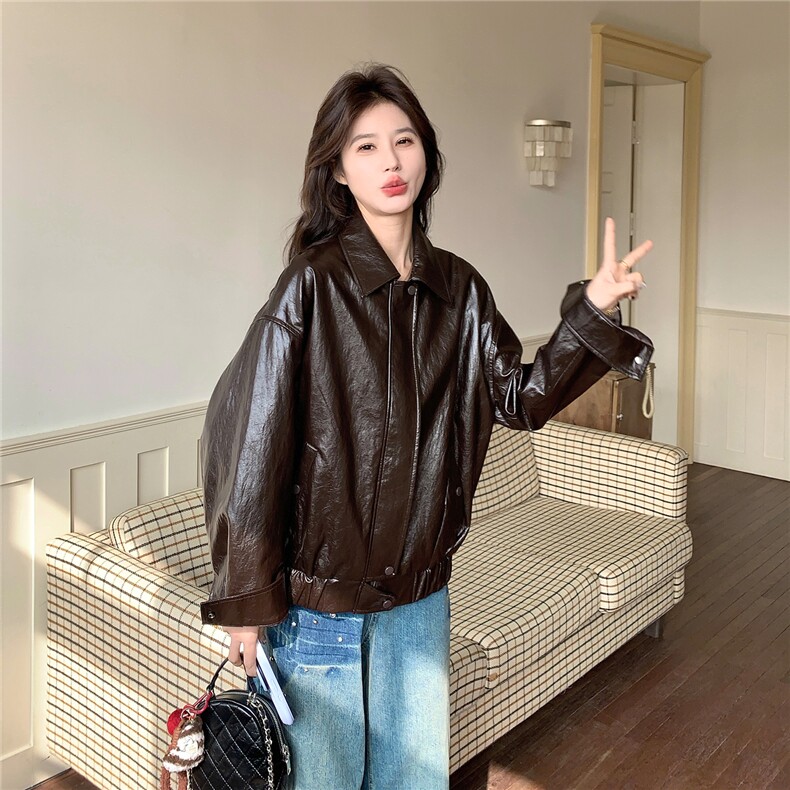 新款~~咖色短款皮衣外套W674P175K288,女装短外套,2C209