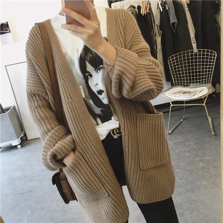 法式复古设计感长袖v领大口袋35%羊绒开衫，女装羊绒衫，以美红杉羊绒