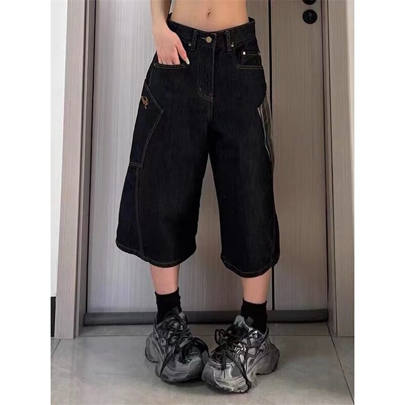 复古格纹拼接牛仔七分裤女夏季新款休闲百搭直筒中裤子LA3322-P49,男装牛仔裤,星座1008