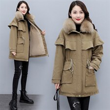 冬季修身长袖连帽百搭大真狐狸毛领加绒拉链收腰抽绳派克服女外套，女装短外套，微微衣阁
