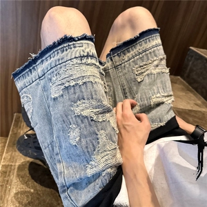 高街重破坏补丁猫须牛仔短裤男刮烂破洞潮夏季复古宽松五分裤男图片