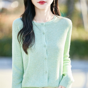 高级感精纺羊毛衫针织毛衣女士圆领坑条长袖纯色上衣宽松休闲外套
