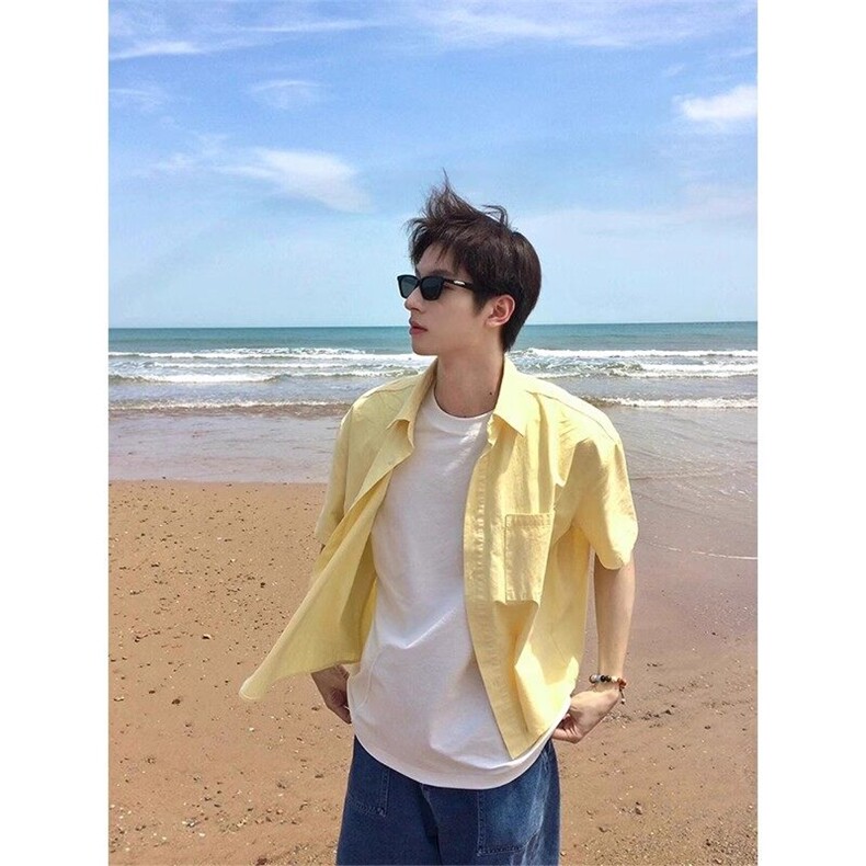 网图短袖衬衫男夏季多巴胺海边穿痞帅宽松防晒衬衣外套7004P45，男装防晒衣，星座710