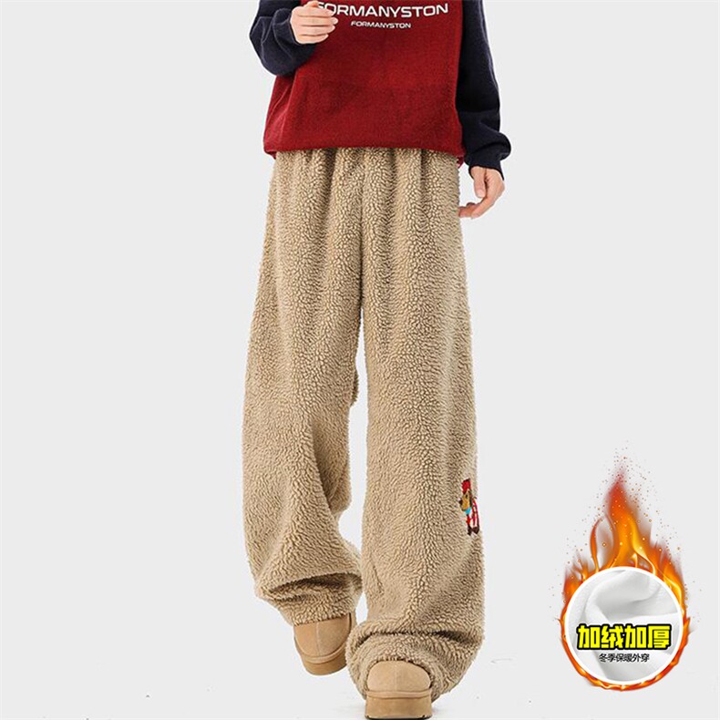 冬季美式刺绣羊羔毛棉裤男女情侣加绒加厚保暖宽松休闲阔腿长裤子，男装棉衣，电商A443