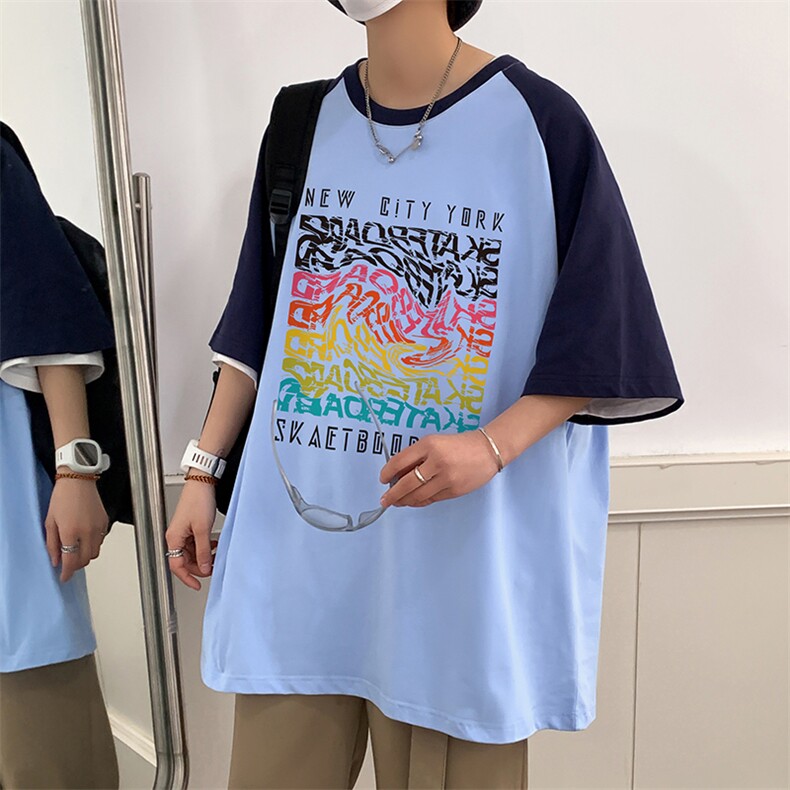 32支双纱直播重磅260克拼接美式潮牌宽松印花复古短袖t恤控49,男装T恤,星座301D-4(原星座1004-4）
