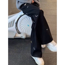 美式高街小狗刺绣牛仔裤男女款水洗做旧微喇裤子宽松显瘦直筒裤，男装牛仔裤，星座601-1