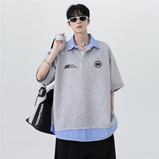 衬衫领拼接少年感假两件美式潮牌设计感POLO衫短袖T恤T147-P48，男装T恤，电商C307