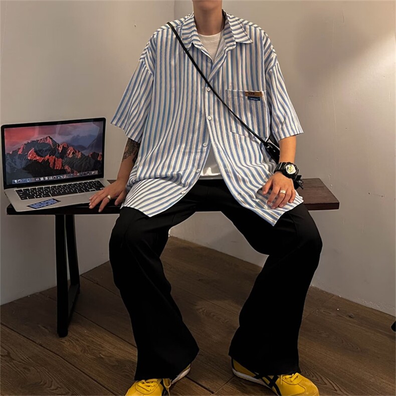夏季条纹短袖衬衫男潮牌潮流设计感日系外套冰丝休闲衬衣SC79-P29,男装衬衫,星座1008