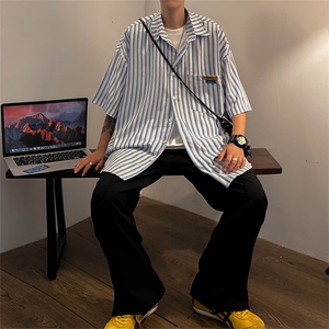 夏季条纹短袖衬衫男潮牌潮流设计感日系外套冰丝休闲衬衣SC79-P29图片