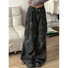 复古高街蛇纹多口袋工装牛仔裤女高腰坠感宽松阔腿裤子K1986，男装牛仔裤，星座1116A（原606A-3）