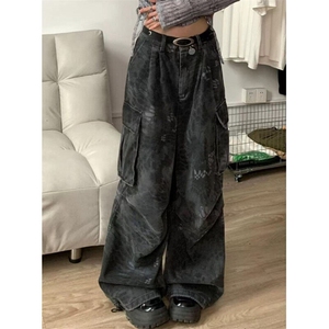 复古高街蛇纹多口袋工装牛仔裤女高腰坠感宽松阔腿裤子 K1986图片
