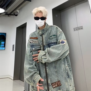 美式复古水洗牛仔外套男春秋2024新款潮牌宽松休闲刺绣立领机车服图片