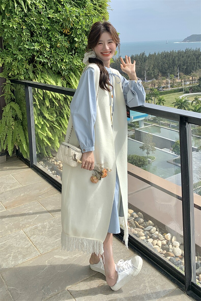 俏皮少女感套装女春季衬衫连衣裙彩色纽扣流苏针织背心裙子两件套,女装套装/套裙,2C218