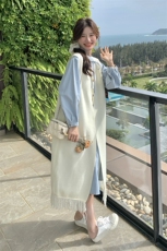 俏皮少女感套装女春季衬衫连衣裙彩色纽扣流苏针织背心裙子两件套，女装套装/套裙，2C218