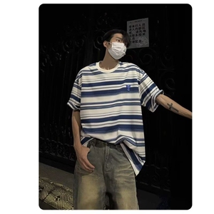 2026年新款韩版宽松显瘦百搭圆领上衣ins潮学生条纹短袖t恤男夏季图片