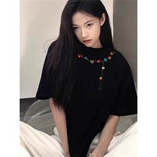 万针全刺绣工艺抖音得物高品质260克重磅纯棉双纱美式高街短袖T恤，男装T恤，电商A486-1