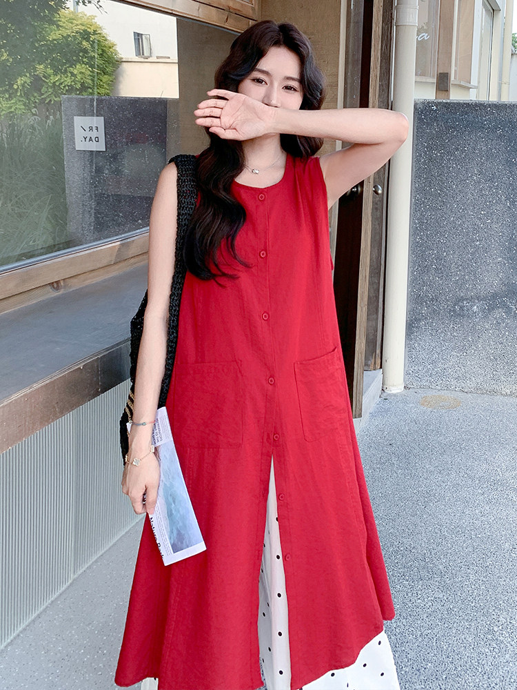 红色炸街时尚套装女夏季2025新款法式圆领背心裙波点阔腿裤两件套,女装套装/套裙,浙宝305