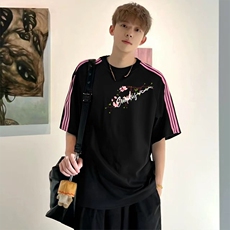 抖音得物品质二开240克宽松纯棉美式潮牌印花三条杠中性风短袖T恤，男装T恤，电商A486