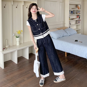 蕾丝拼接牛仔套装女2025夏季新款ootd穿搭设计感马甲阔腿裤两件套图片